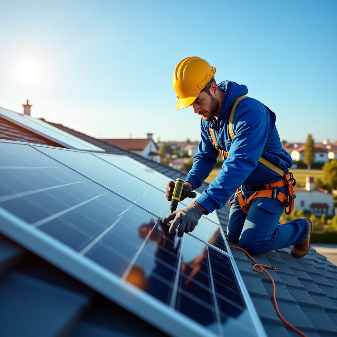 Elektriker auf Dach und montiert Solarmodul